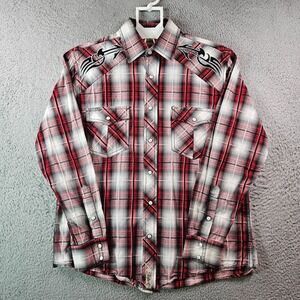 Rafter C Cowboy Shirt Men Medium‎ Pearl Snap Long Sleeve Red White Black Plaid